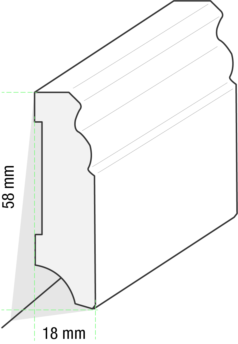 Equipped skirting 58mm 0040 White with bevelled edge (Berlin skirting)